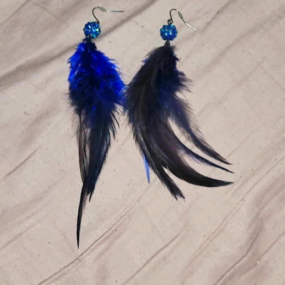 Blue & black feather earrings w/ diamond accents